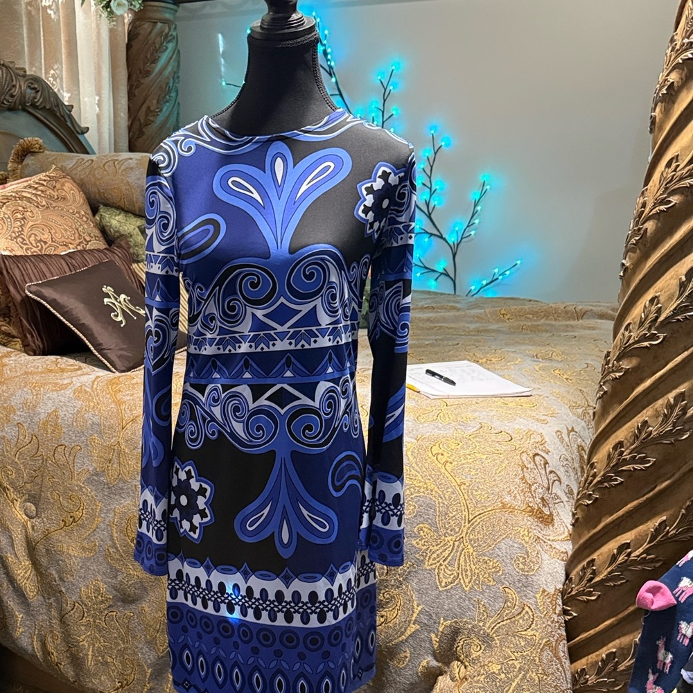 INC International Concepts Blue & Black Long Sleeve Patterned Shift Dress
